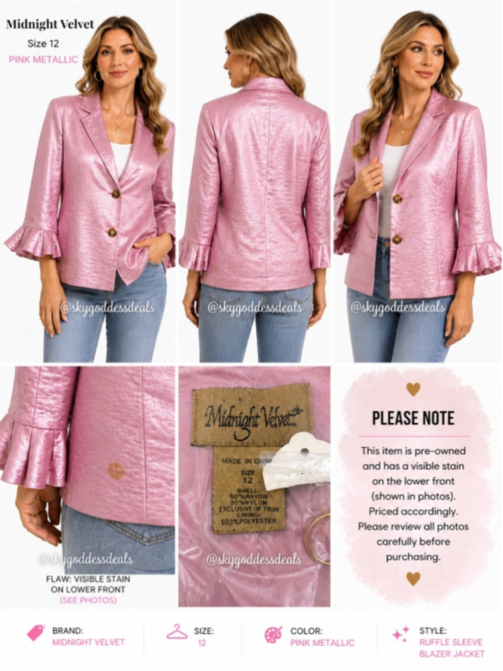 Midnight Velvet Pink Metallic Blazer Jacket Ruffle Sleeve Party Chic Size 12